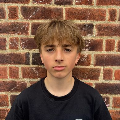 Teenage boy with light brown hair stands against a brick wall.