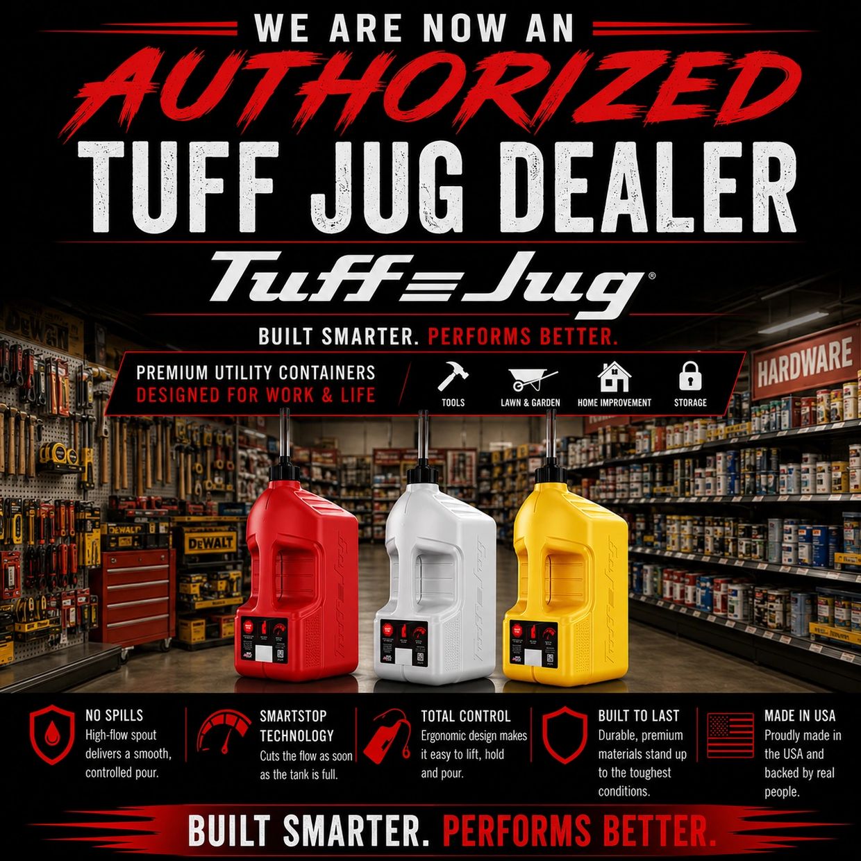 Advertisement for Tuff Jug utility containers in a hardware store.
