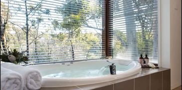 Luxurious double spa bath with private bush land views. 