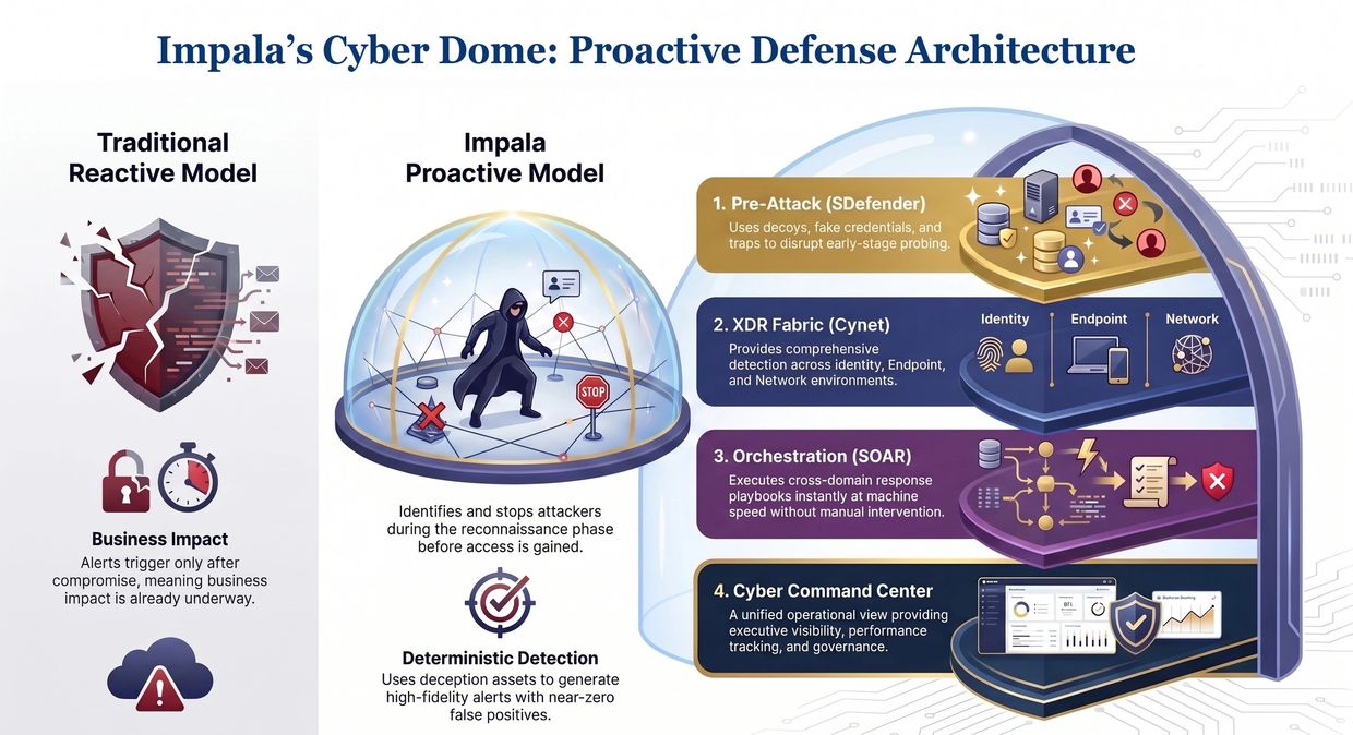 Impala's Cyber Dome shows proactive defense stopping attacks early using deception and orchestration.