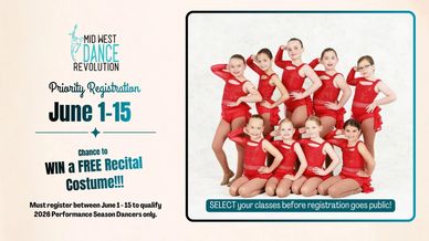 Young dancers in red costumes promoting Midwest Dance Revolution registration.