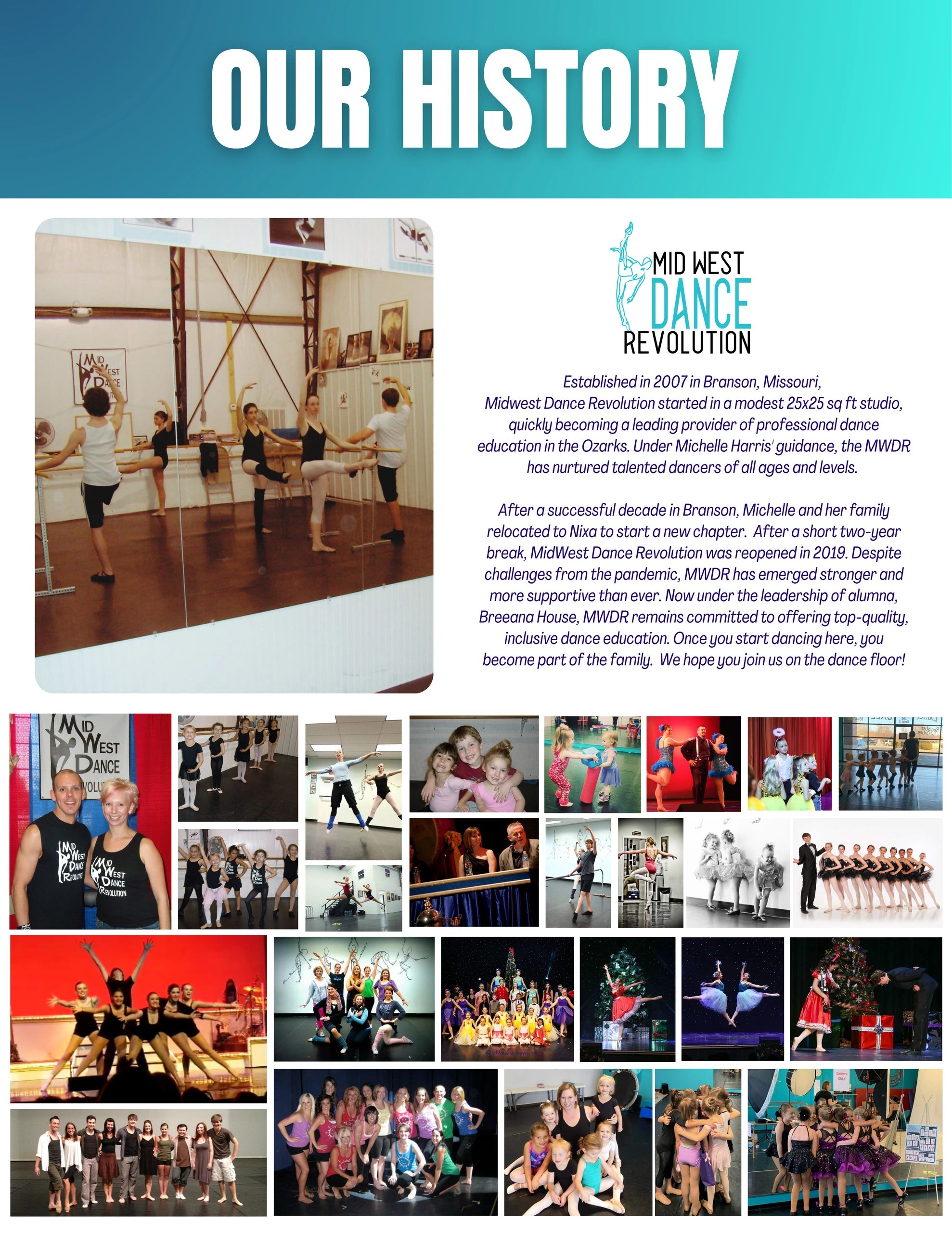 Collage showcasing Midwest Dance Revolution's history and dancers over the years.