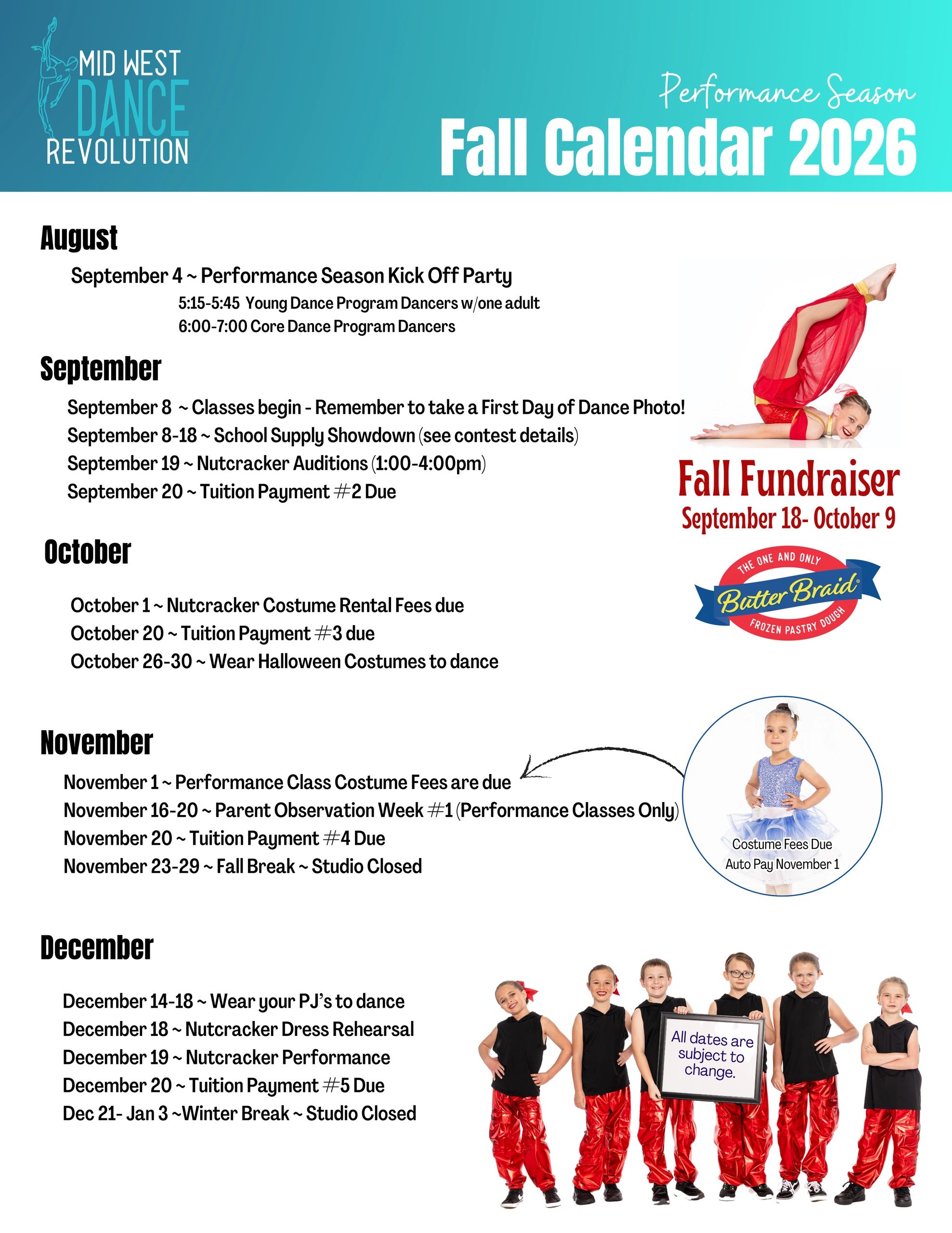 Mid West Dance Revolution Fall 2026 calendar with key dates and events for students.