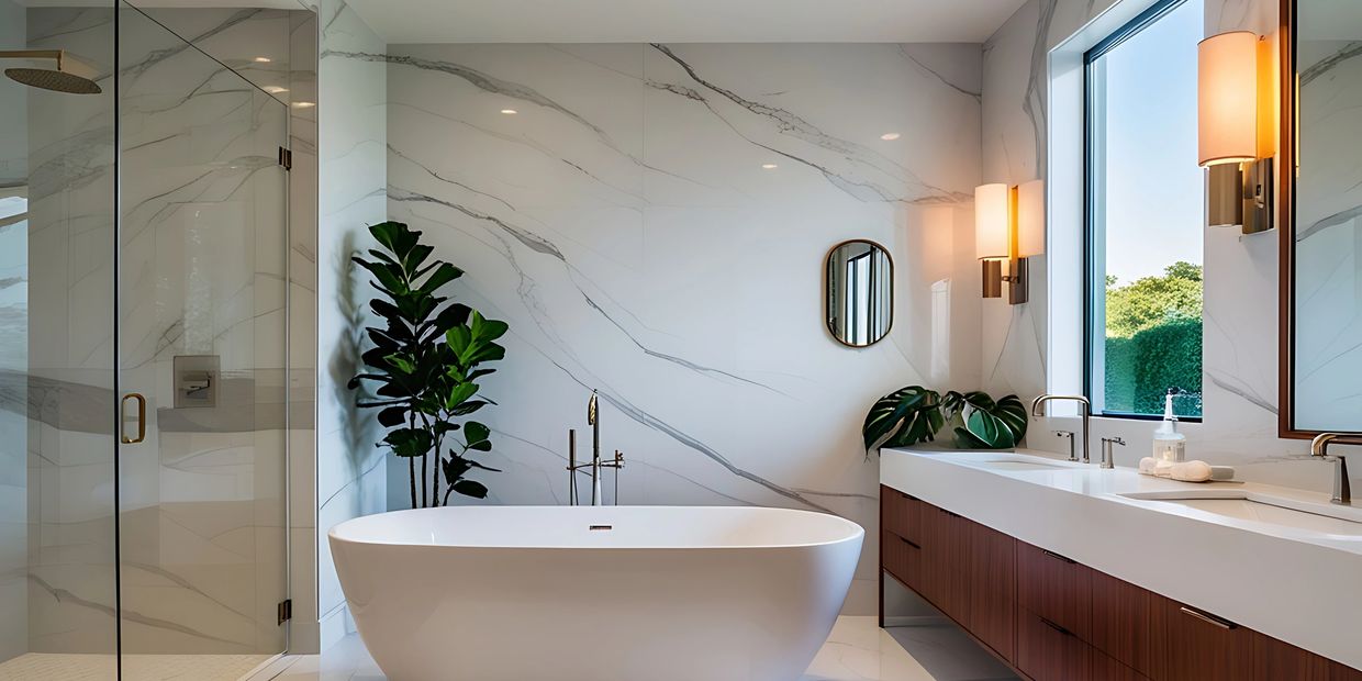 Luxurious modern bathroom with a freestanding bathtub, glass shower, marble walls, and elegant decor