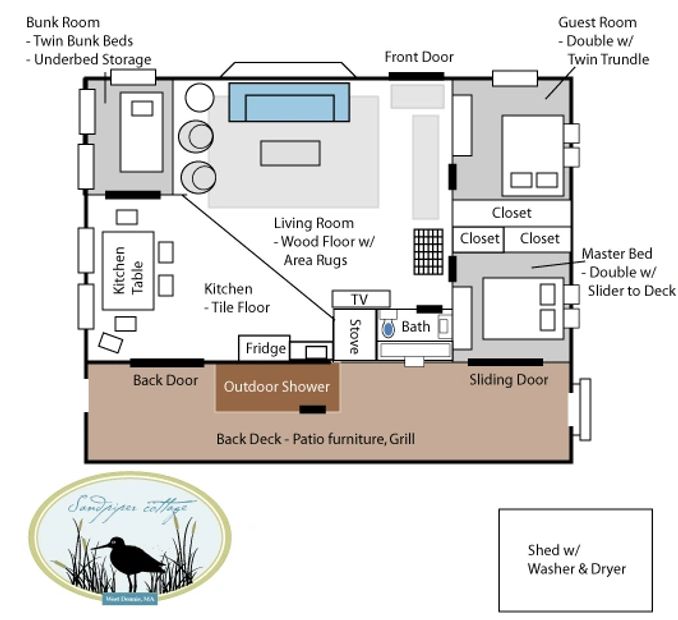 Layout and floor plan of The Sandpiper Cottage