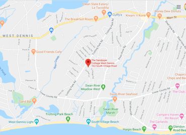 Map of area around The Sandpiper Cottage and distance to South Village Beach