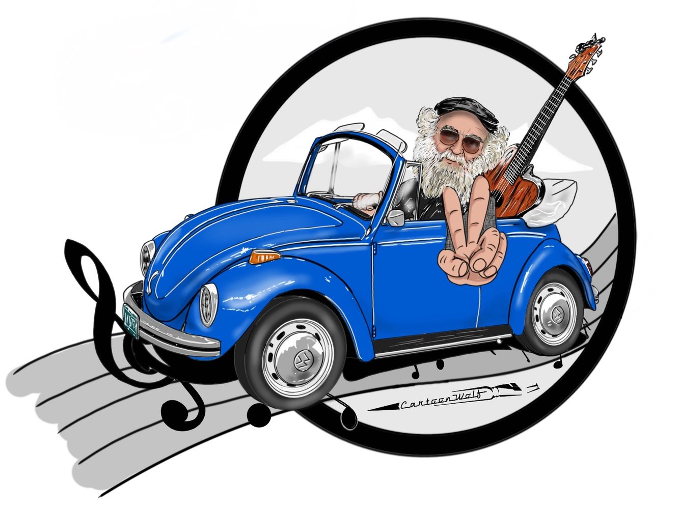 Papa Grey Beard in his 1972 VW Super Beetle Convertible - cartoon by Cartoon Wolf