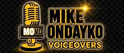 Golden microphone logo with text for Mike Ondayko Voiceovers.