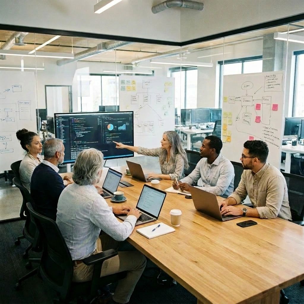 Team discussing software data in a modern office.
