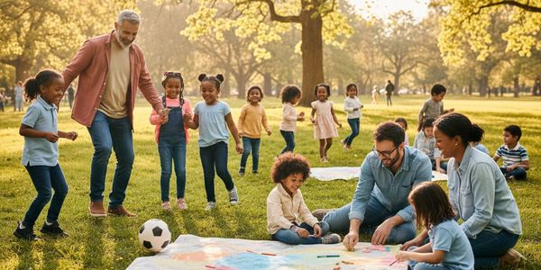 A joyful group of children and adults playing and relaxing in a sunny park.