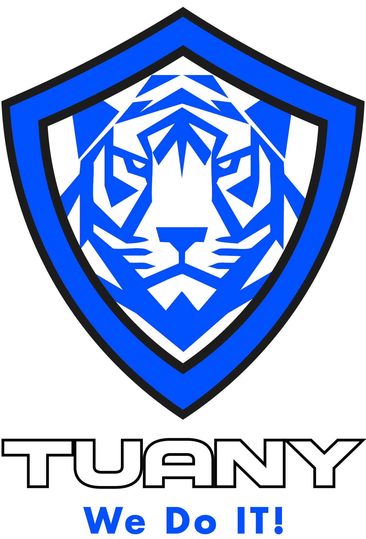 Blue geometric tiger head inside a shield with 'We Do IT!' text.
