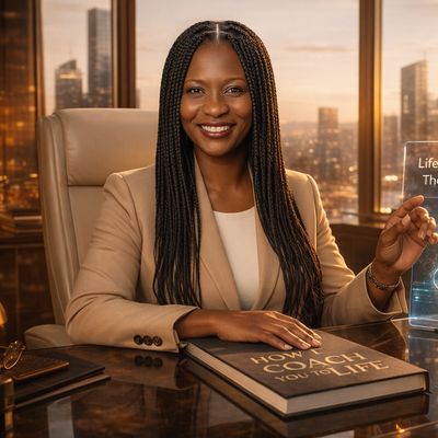 Confident woman life coach smiling at office desk with book.