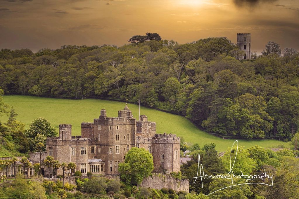 Dunster Castle and Conygar tower taken from the meadow at twilight