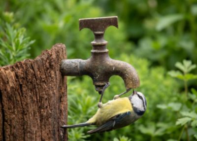 Bird drinking from an old faucet outdoors.