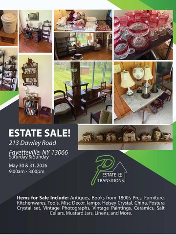 Estate sale flyer featuring antiques, furniture, and vintage items for sale.