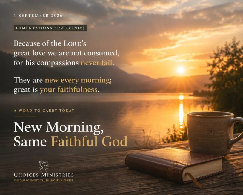 A sunrise by the lake with a coffee cup, Bible, and inspiring scripture about God's faithfulness.