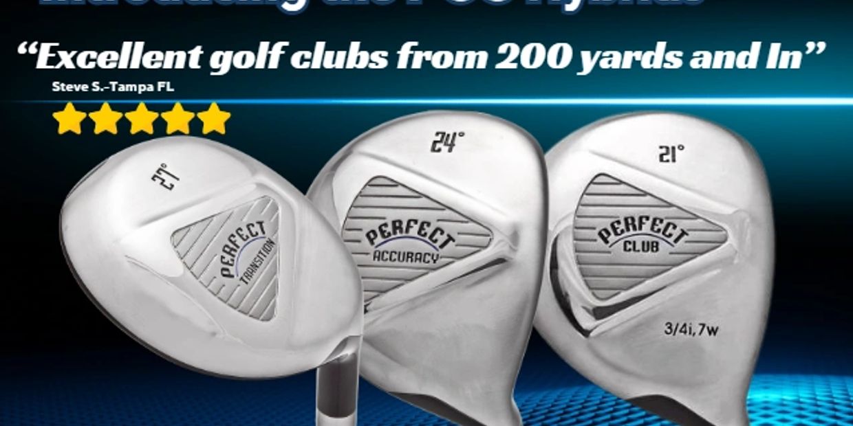 Three Perfect branded golf clubs with high ratings and a testimonial.