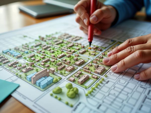 Person marking a detailed urban planning map with a red pen.