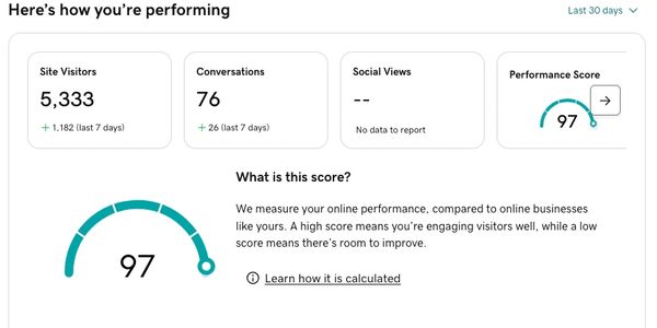 Dashboard showing site visitors, conversations, and a high performance score of 97.