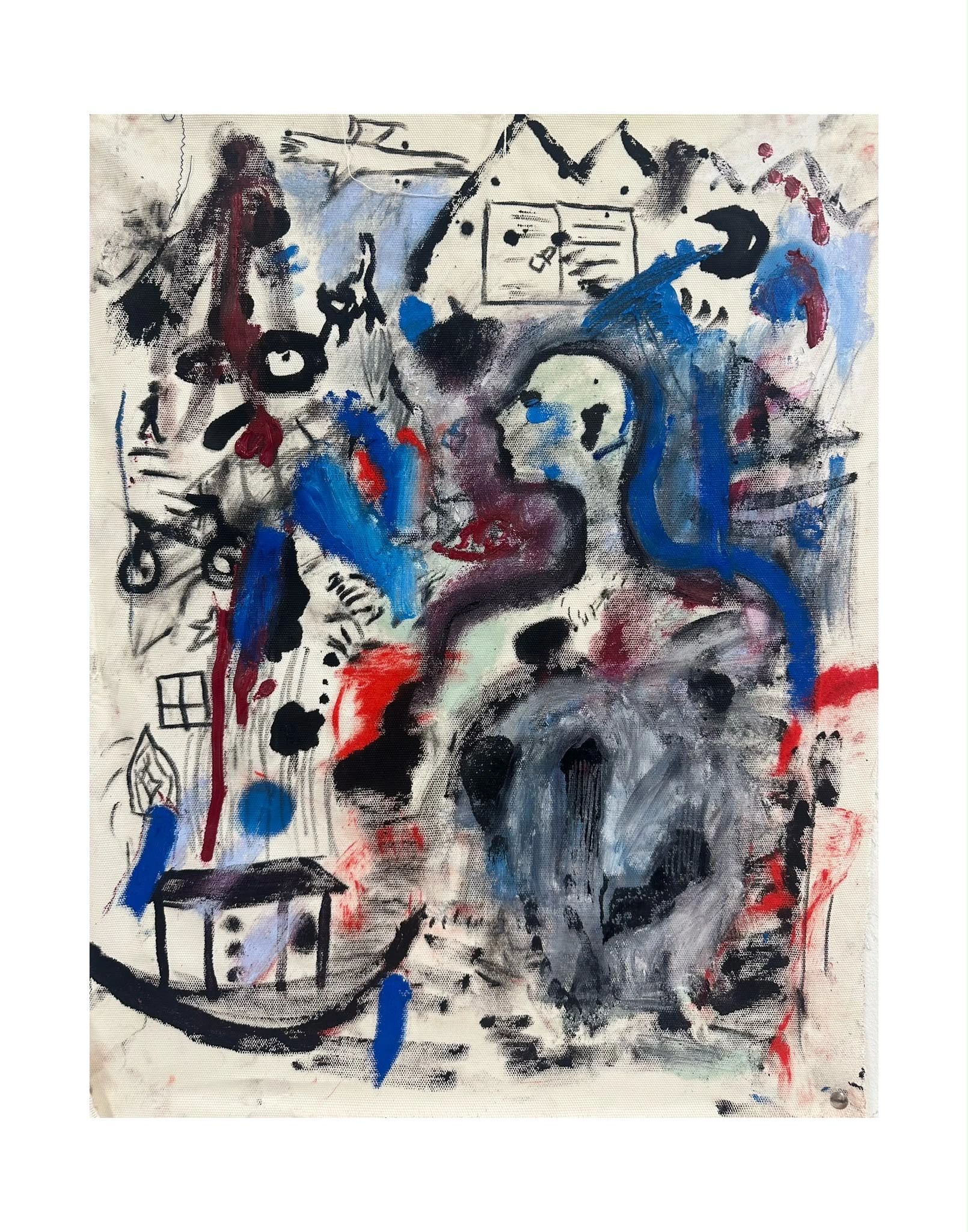 Abstract painting with human figure and boat in blue, black, red.