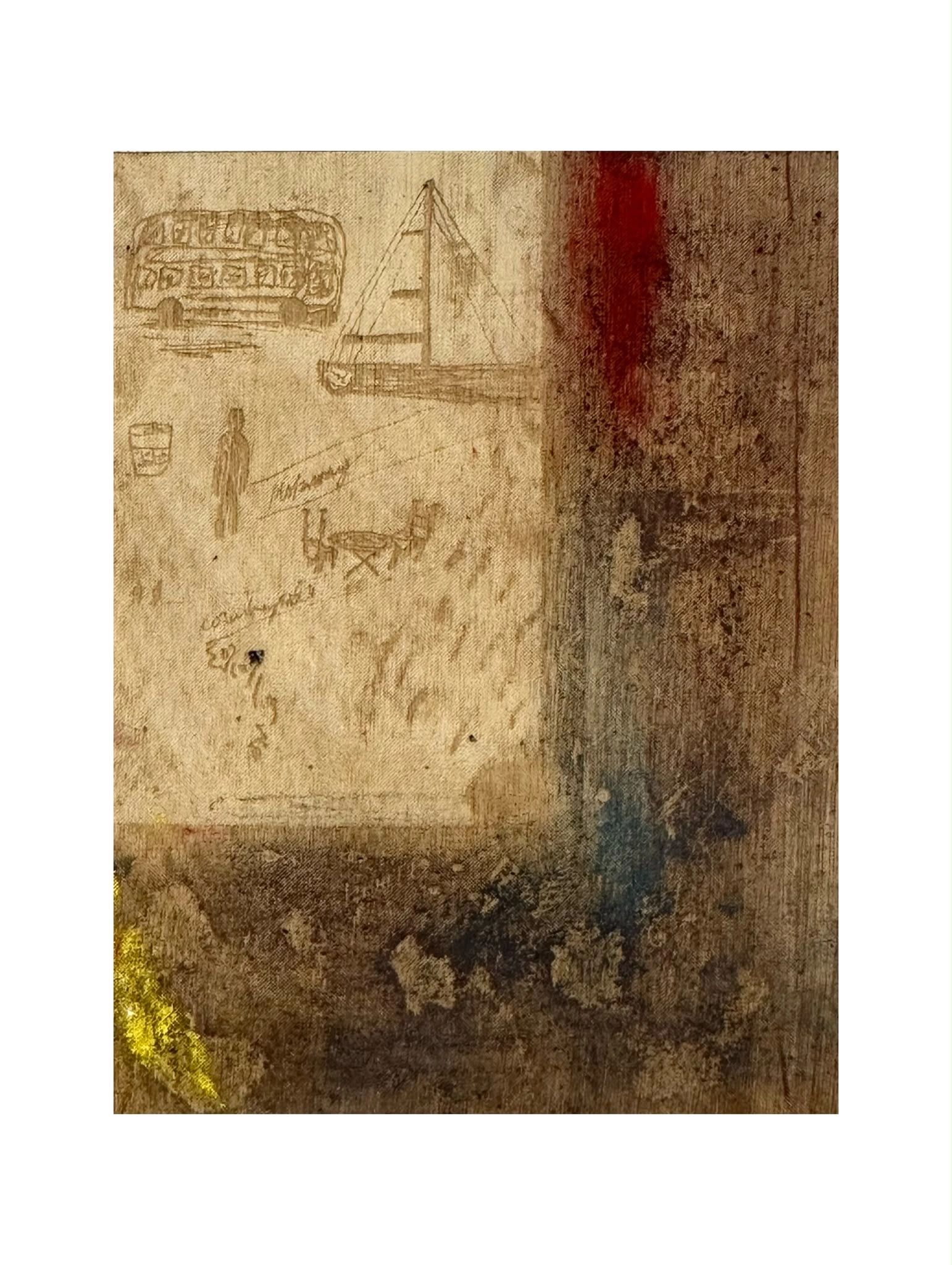 Old wall drawing of a bus, sailboat, person, table, and chair.
