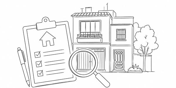 Dibujo de una casa con una lista de verificación y lupa.