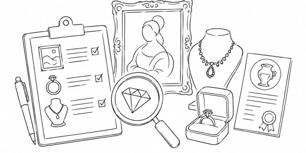 Dibujo con objetos relacionados con la joyería y autenticación.