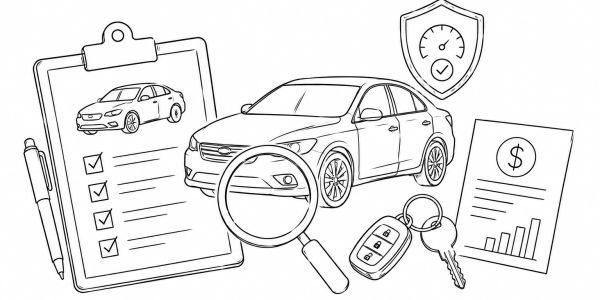 Ilustración en blanco y negro sobre evaluación y seguro de automóvil.