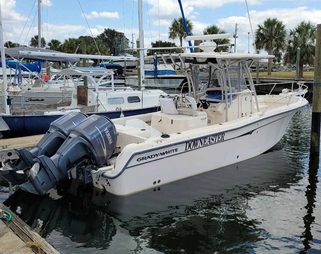Wilblue Charters Grady White 283 at her dock in Port Hudson Florida