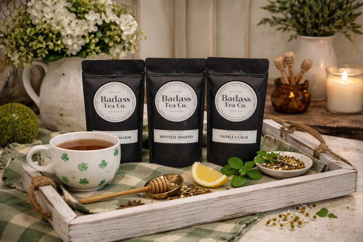 Tray with Badass Tea Co. packets, a cup of tea, lemon slice, and herbs in a cozy setting.