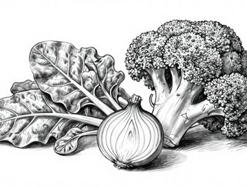 Black and white drawing of broccoli, onion, and leaves.