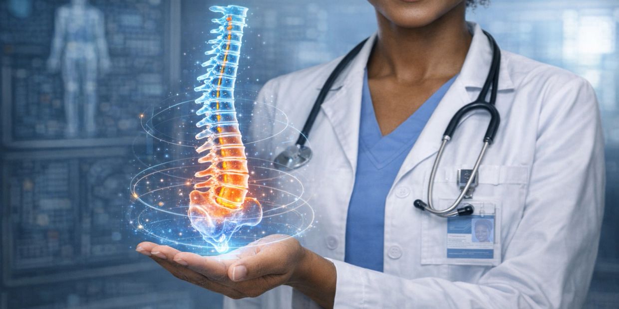 African-American Female Physician holding the futuristic hologram of a 3D spine