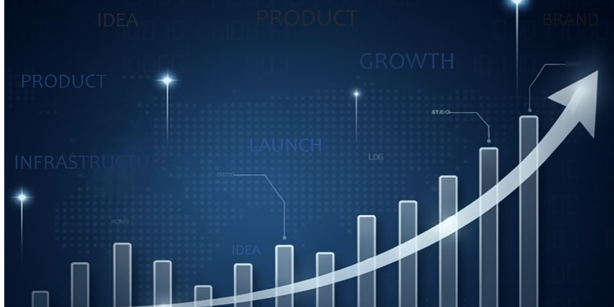 Glowing bar chart showing steady business growth with upward arrow and key concepts.