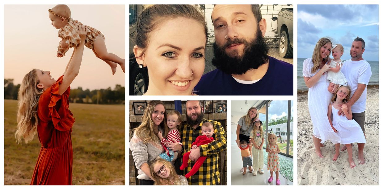 A loving family sharing joyful moments in various settings, including outdoors and at the beach.