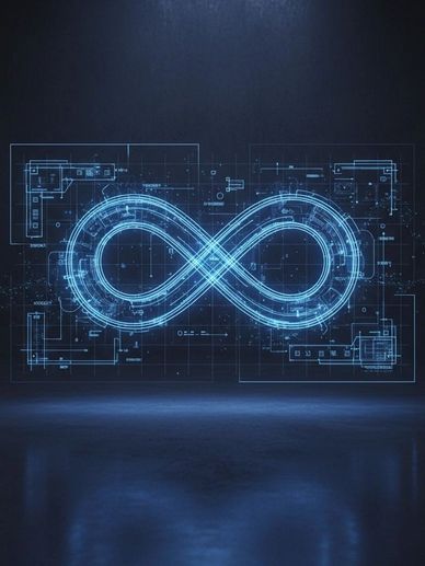 Futuristic digital blueprint of an infinity symbol glowing in blue light.