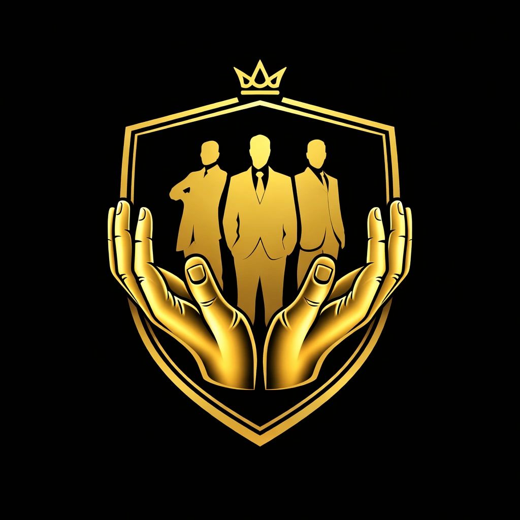 Golden emblem of three business people guarded by protective hands and crowned.