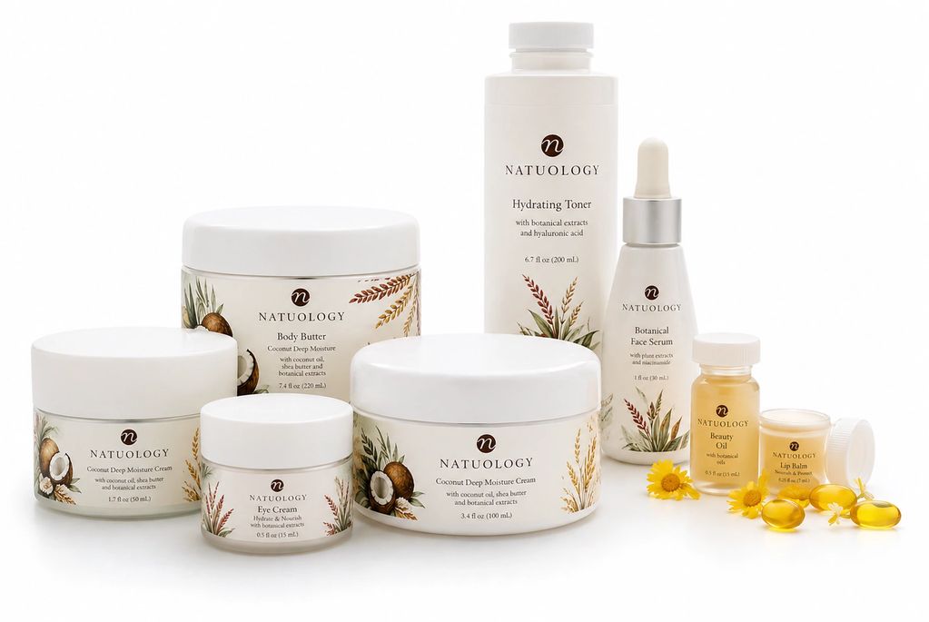 Natuology skincare products including creams, serum, toner, and oils arranged with flowers.