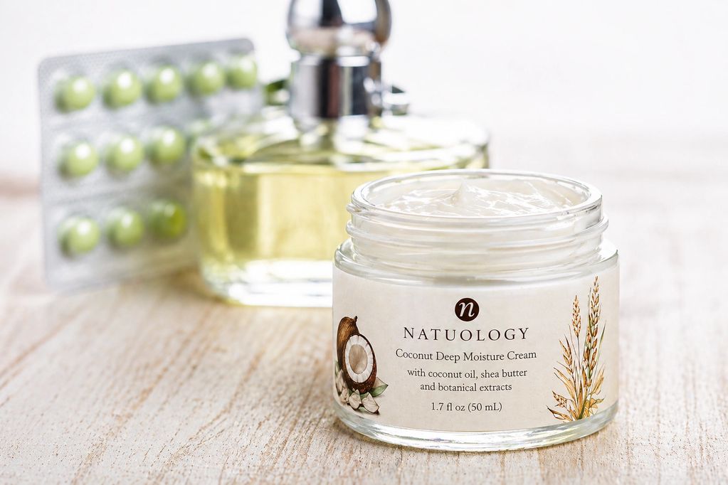 Jar of Natuology coconut deep moisture cream with a perfume bottle and pills in the background.