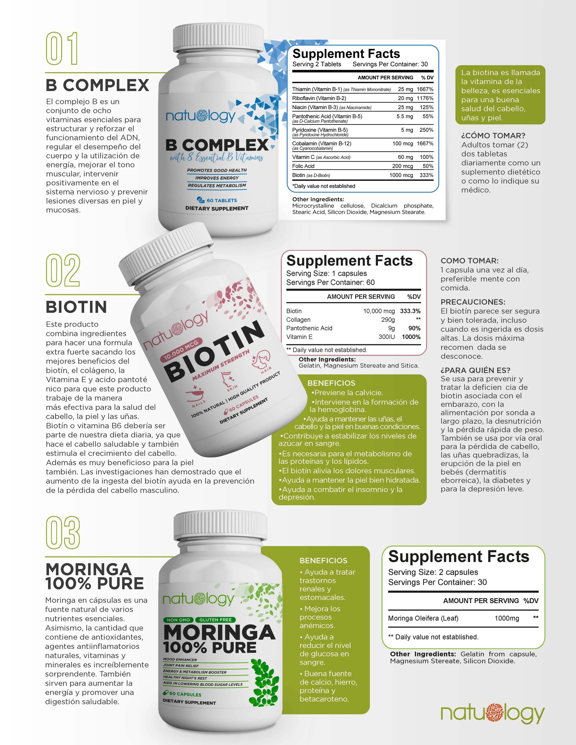 Three dietary supplements: B Complex, Biotin, and Moringa with benefits and usage instructions.
