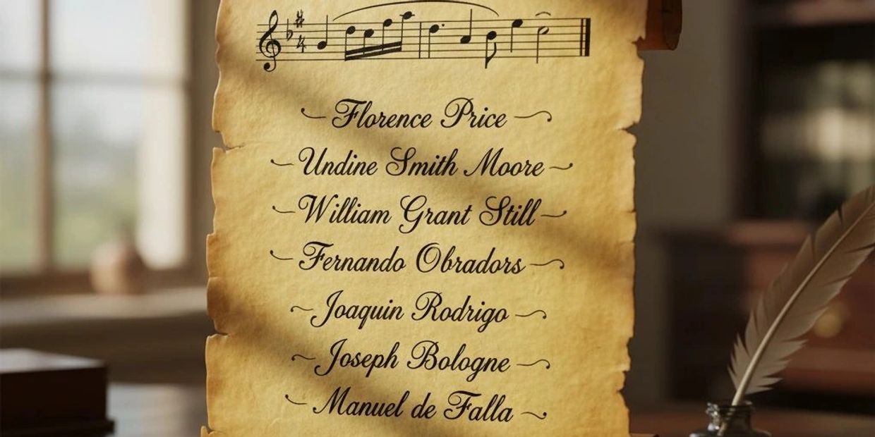 Aged parchment with musical notes and names of classical composers written in elegant script.