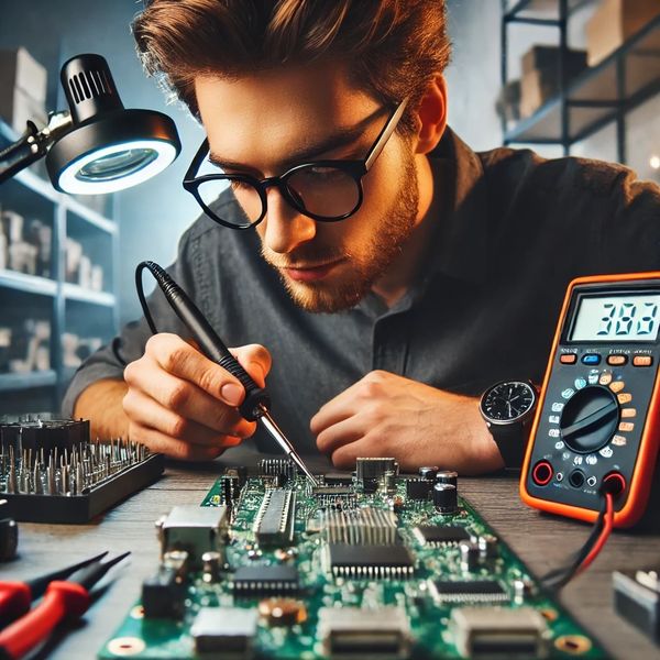 repair expert soldering a motherboard