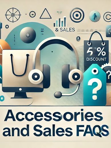 Illustration of a bag, discount, headphones, and question mark with Accessories and Sales FAQs