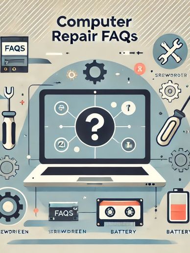 Illustration of a computer with repair icons like a wrench, screwdriver, battery, and question mark