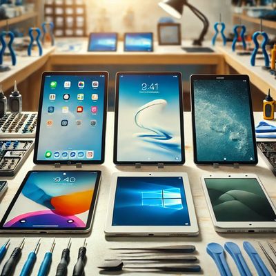 Image of multiple tablets, including iPads, on a repair workbench at TMB Repairs in Mesquite, TX.
