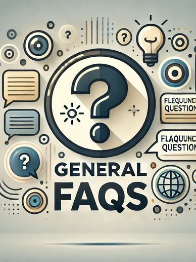 Illustration of a question mark, speech bubble, info symbol, and lightbulb with 'General FAQs' text.