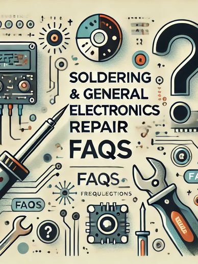 pic of a soldering iron, circuit board, and question mark with Soldering and Electronics Repair FAQs