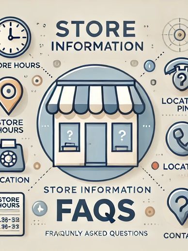 Illustration of a storefront, clock, pin, phone, and question mark with text 'Store Information FAQs
