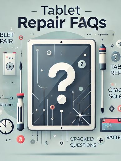Illustration of a tablet with repair icons and text Tablet Repair FAQs on a soft gradient background