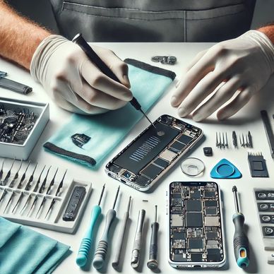 Technician repairing an open iPhone with tools in a clean, organized workspace, accessories nearby