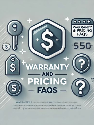 Illustration of a price tag, dollar sign, and question mark with text Warranty and Pricing FAQs